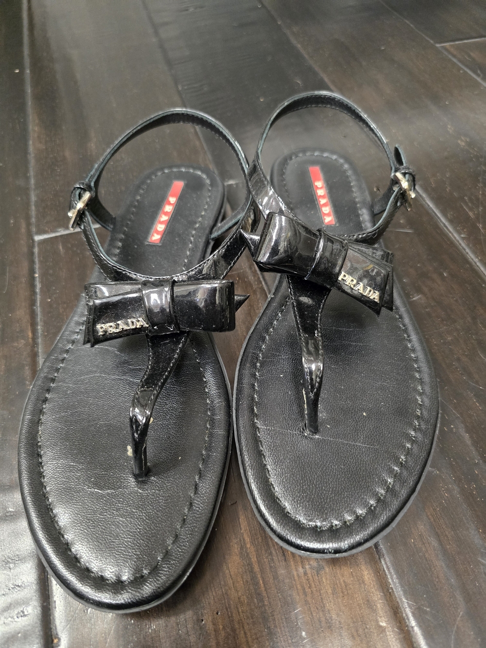 Prada Black Patent Bow T-Strap Sandals